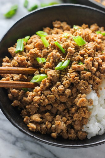 Ginger Minced Pork Rice Bowl Close Shot