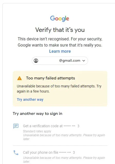 Gmail Too Many Attempts Failure Screen