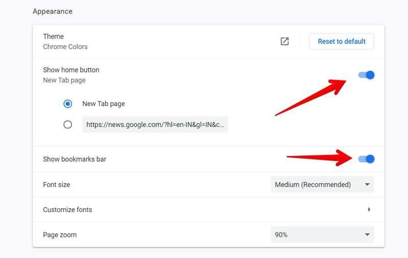 Google Chrome Show Bookmarks Bar And Home Button