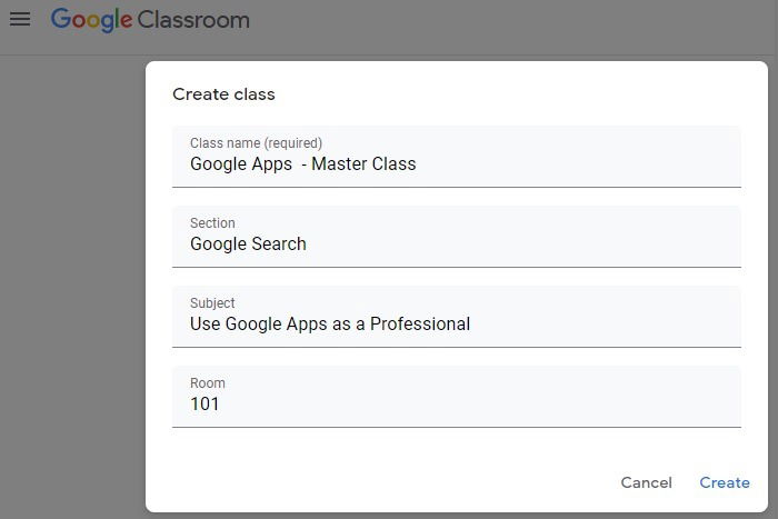 Google Classroom Create Class Example