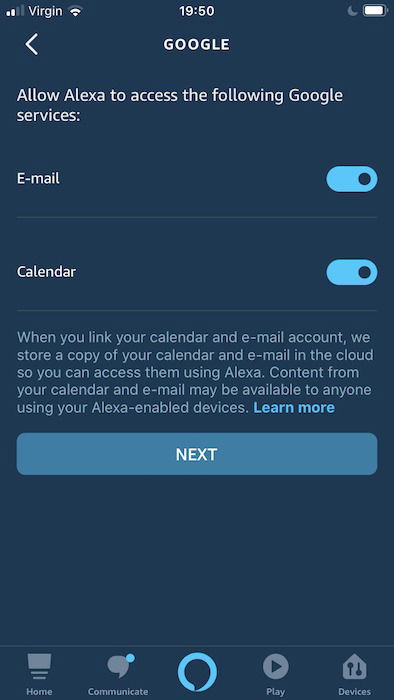 Google Microsoft Apple Calendars Permissions Email Amazon's digital assistant requires access to your Google email and calendar.