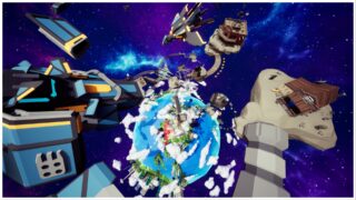 Quite a bit of carnage. This image is set in the in-game space where we can see Earth far down below and a spiral winding of infrastructure that leads upwards to a low-poly rocket and station where Hans can reunite with humanity... Hopefully. Quite a bit of carnage. This image is set in the in-game space where we can see Earth far down below and a spiral winding of infrastructure that leads upwards to a low-poly rocket and station where Hans can reunite with humanity... Hopefully.