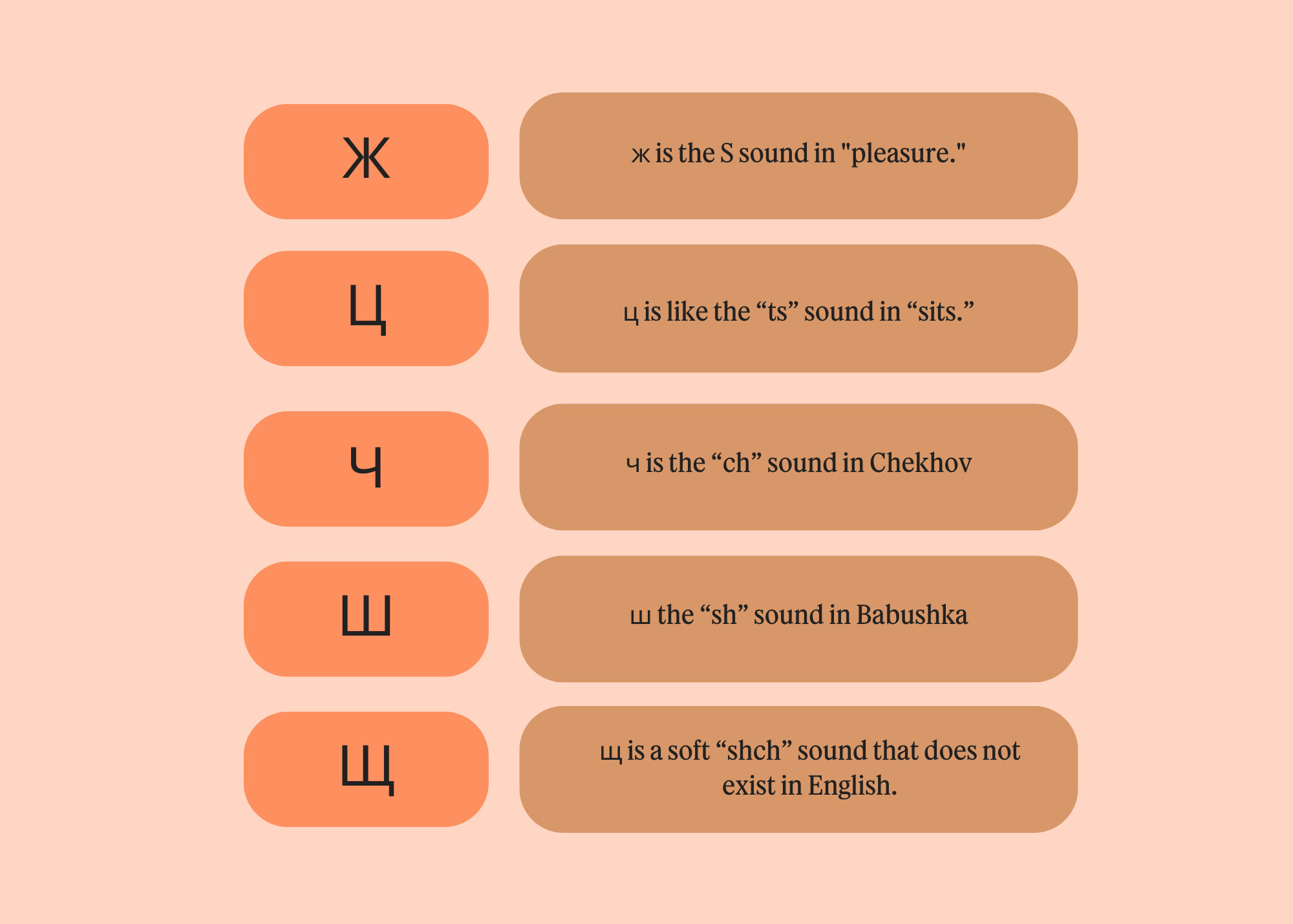 A visual chart describing the pronunciation of several Cyrillic letters. The background is a soft peach color, and the letters are displayed in rectangular boxes with varying shades of orange. The featured letters are "Ж" (Zh), "Ц" (Ts), "Ч" (Ch), "Ш" (Sh), and "Щ" (Shch). Each letter is accompanied by a description of its pronunciation: "Ж" is pronounced like the "S" in "pleasure"; "Ц" sounds like the "ts" in "sits"; "Ч" represents the "ch" sound in "Chekhov"; "Ш" is the "sh" sound in "Babushka"; and "Щ" is described as a soft "shch" sound that does not exist in English. The layout emphasizes the unique sounds of these Cyrillic letters.