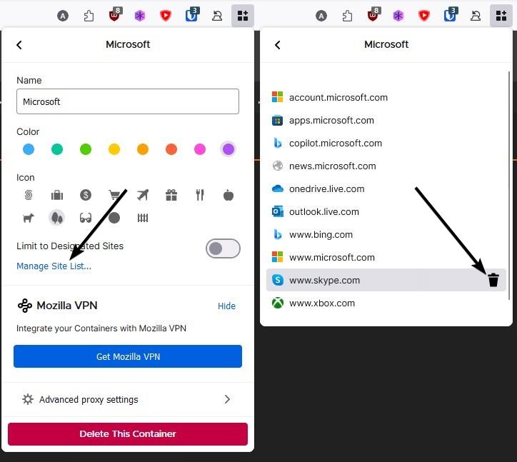 How to delete a website from Firefox Container