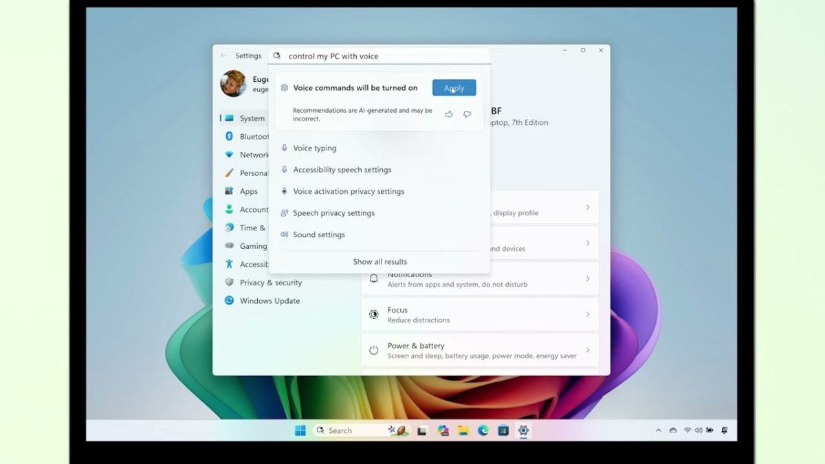 AI agent in Windows Settings