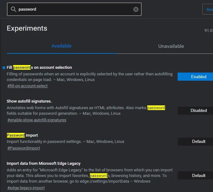 Import Export Edge Flags Search Password Import