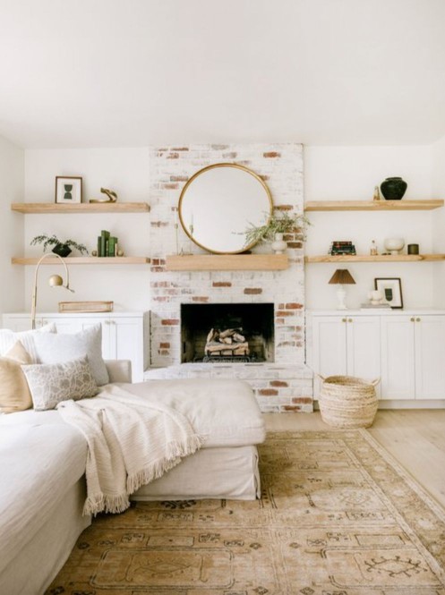 whitewashed brick fireplace modern farmhouse living room