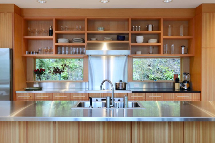 Kitchen with Beautiful Wood Open Shelves 470623573