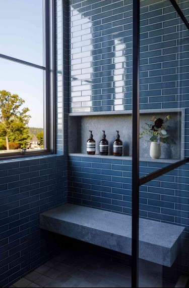 blue subway tile and gray grout