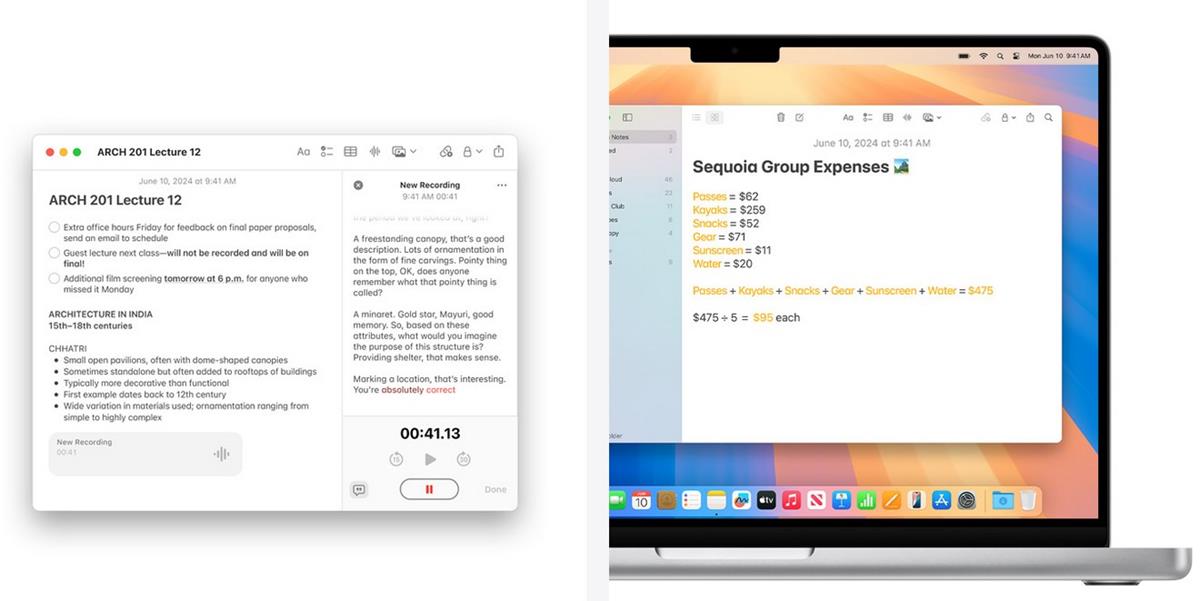 Live audio transcription, Math expressions in Notes macOS 15 Sequoia