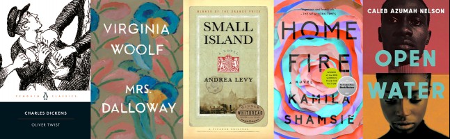 London fiction with the covers of Oliver Twist, Mrs. Dalloway, Small Island, Home Fire and Open Water