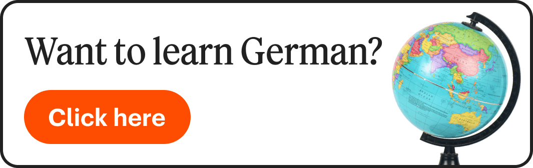 An image with a globe and the text "Want to learn German? Click here"