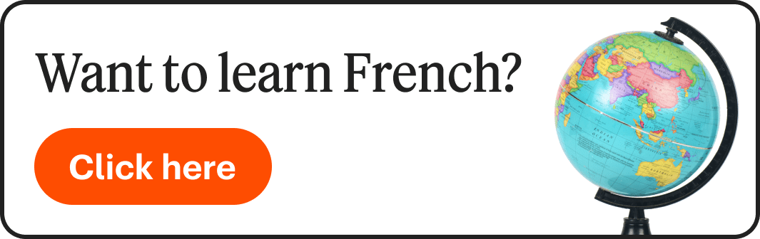 An image with a globe and the text "Want to learn French? Click here"