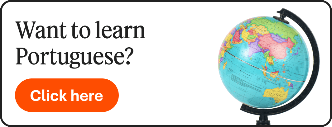 A globe with the text "Want to learn Portuguese? Click here"