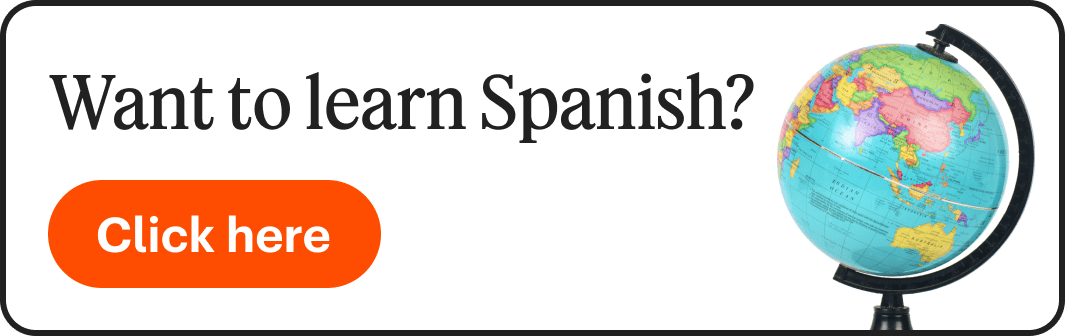 An image with a globe with the text "Want to learn Spanish? Click here"