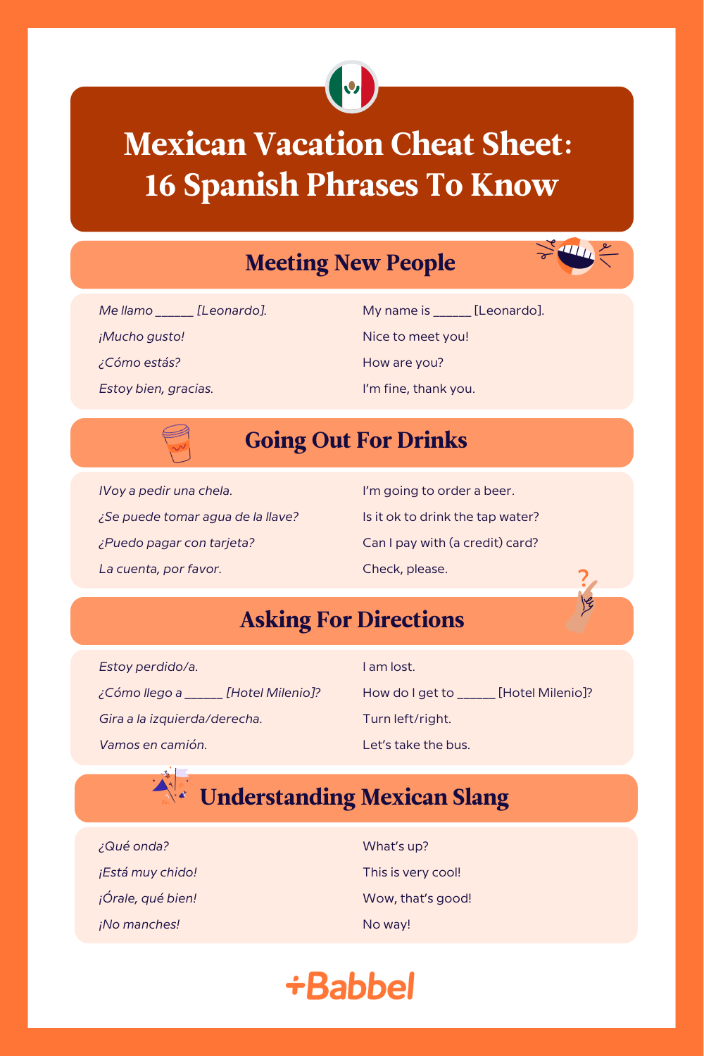Mexican cheat sheet with many useful phrases for vacation, as expanded on below.