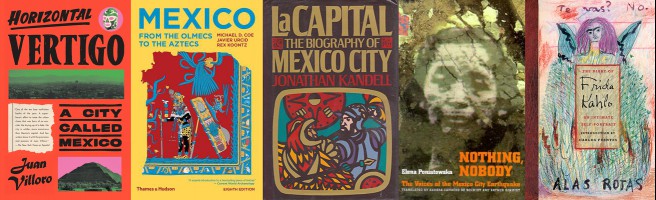 Nonfiction book covers including Horizontal Vertigo, Mexico From The Olmecs to the Aztecs, La Capital, Nobody, Nothing and The Diary of Frida Kahlo
