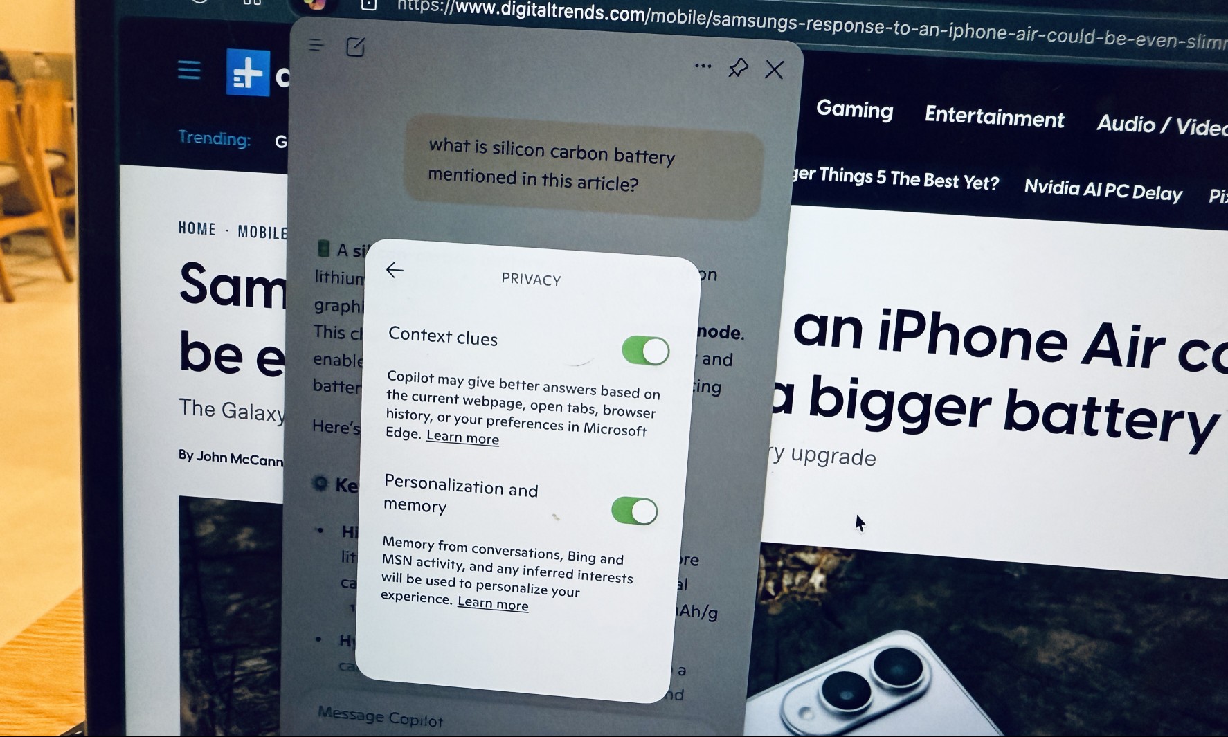 Interacting with the AI assistant, Copilot, in the Edge browser.