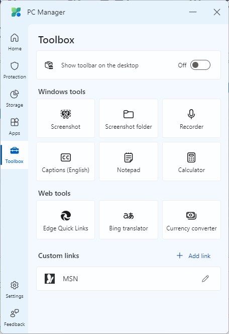 Microsoft PC Manager Windows 10 and 11 toolbox