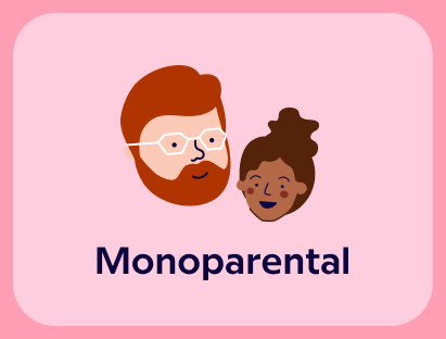 An illustration with the text "Monoparental" showing a red-haired and bearded man with a young girl.