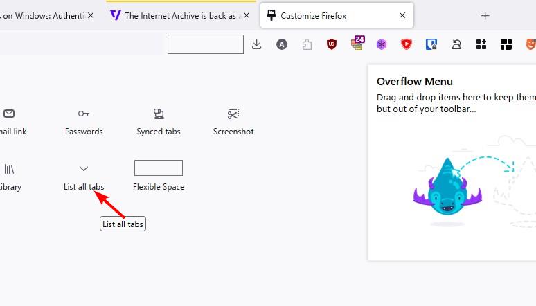 Mozilla lets users remove the List All Tabs button from Firefox's tab bar