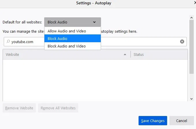 Mute Browsers Firefox Block Settings