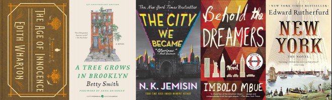 The covers of the Age of Innocence, A Tree Grows in Brooklyn, The City We Became, Behold the Dreamers and New York