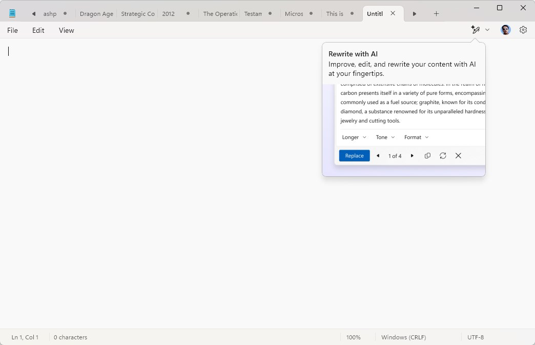 Notepad with rewrite AI button