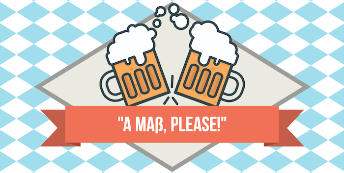 Oktoberfest in Munich illustration of two beers toasting, with phrase "a maß, please"