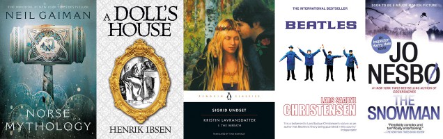 Oslo fiction with the covers of Norse Mythology, A Doll's House, The Wreath, Beatles and the Snowman