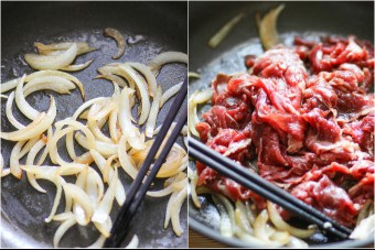 Pan-fried marinated beef step one