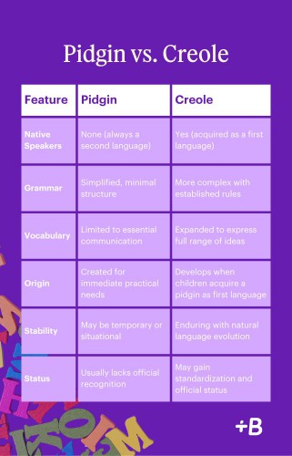An infographic restating in simpler terms the differences between a pidgin and creole discussed above.