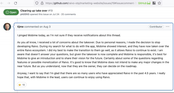 Raivo OTP developer comments on the mobime acquisition