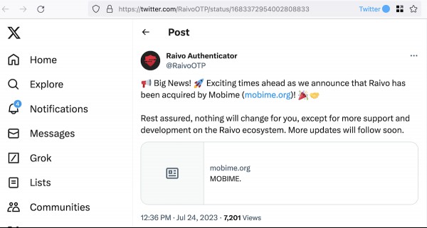 Raivo OTP has been acquired by mobime