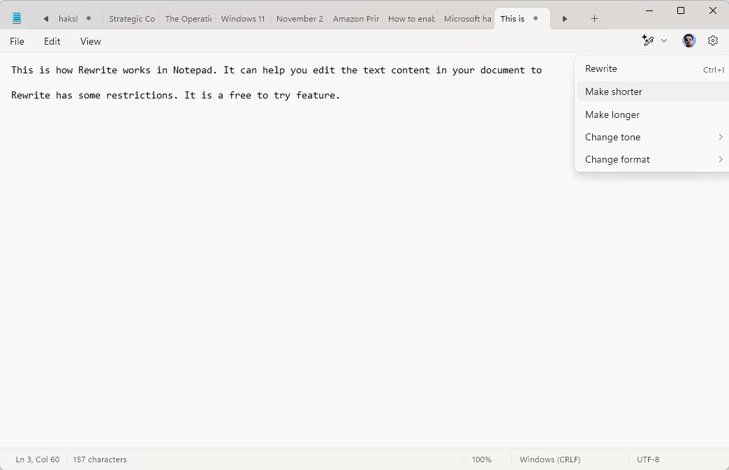 Rewrite demo in notepad windows 11