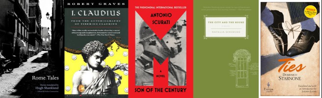 Rome fiction with the covers of Rome Tales, I Claudius, M, The City and the House and Ties