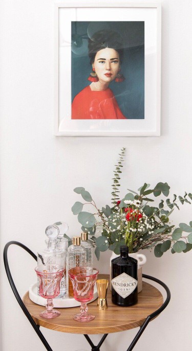 pink vintage glasses on bar cart