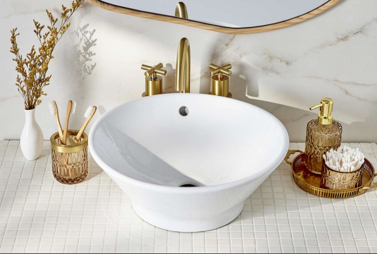 Tile countertop in bathroom