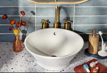 Crushed glass countertop in bathroom