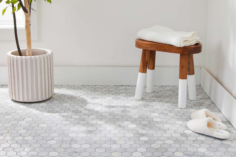 Grey and white mosaic tile in a bathroom