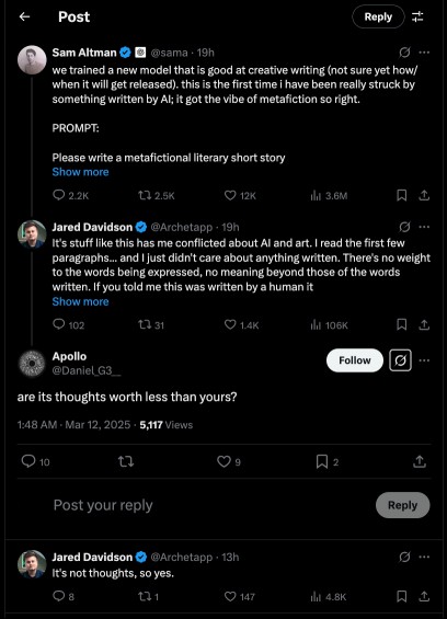 Twitter comments about AI creative writing.
