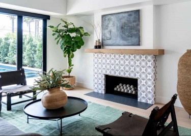 Mid century modern living room with green and neutrals.