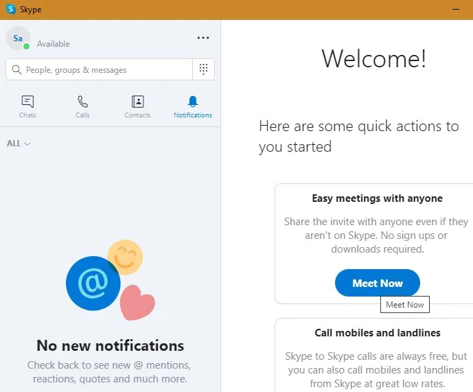 Skype Meet Now Launch Quick Actions