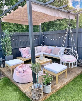 small patio with string lights
