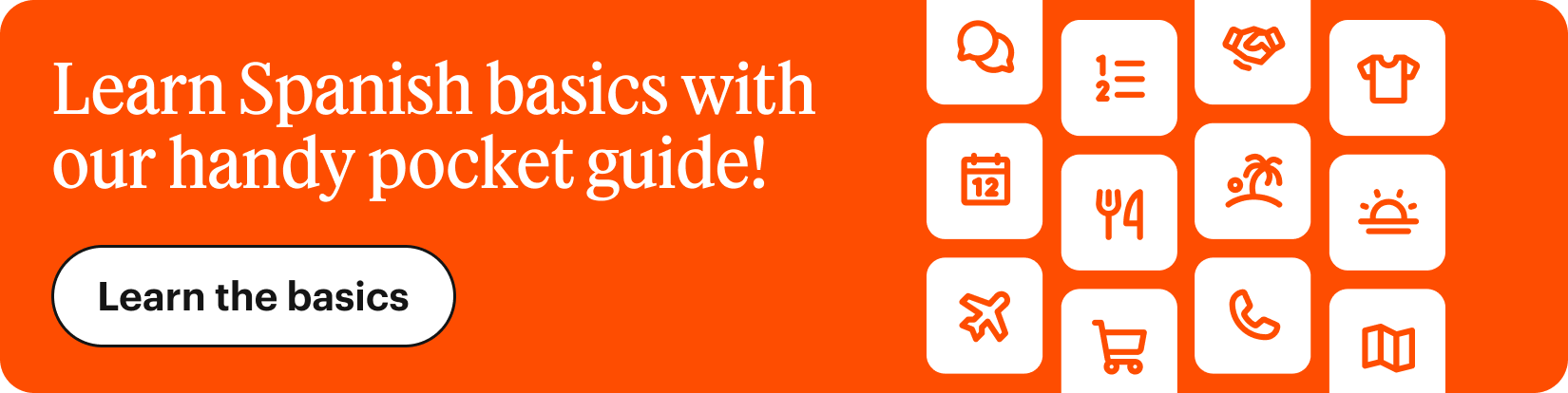 Banner that reads "Learn Spanish basics with our handy pocket guide! Learn the basics"