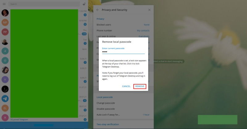 Telegram Passcode Remove Local Passcode