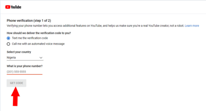 Verify Youtube Click Get Code Button