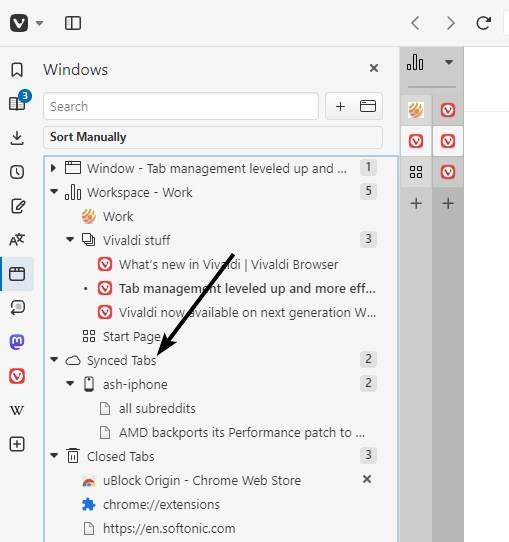 Vivaldi synced tabs windows panel