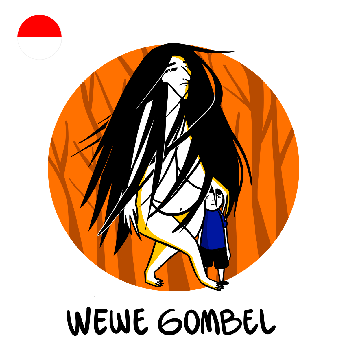 Wewe Gombel illustration long haired woman with small boy