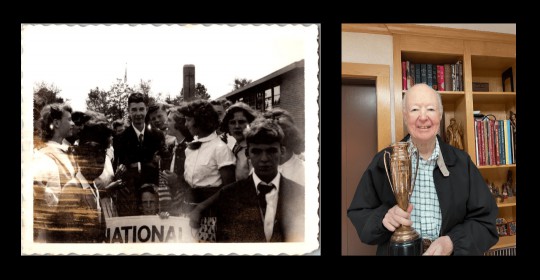 William Cashore poses with children in 1954 (left), and poses with his trophy, May 2024 (right).